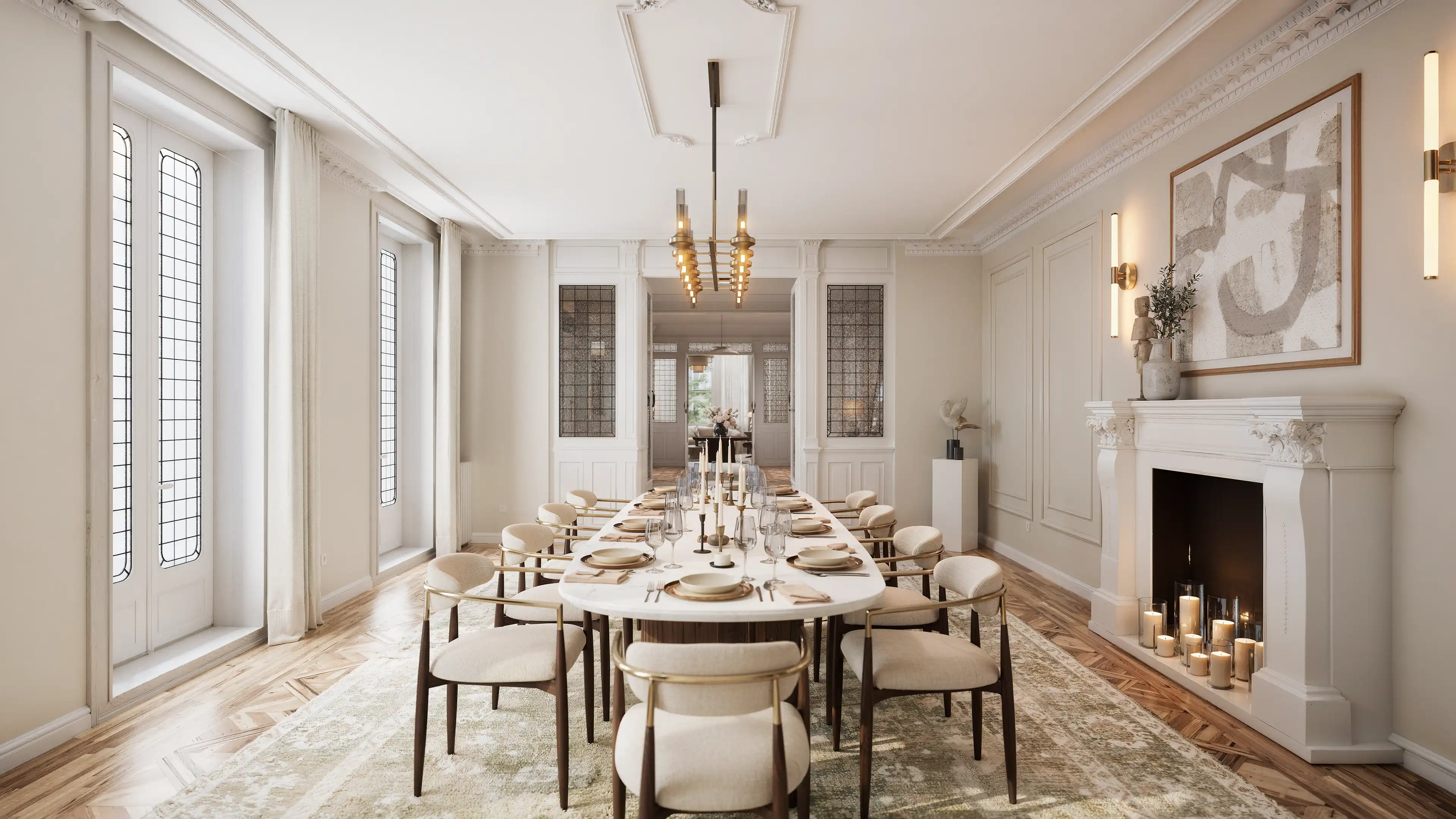 Elegant dining room with a long dining table and classic detailing.