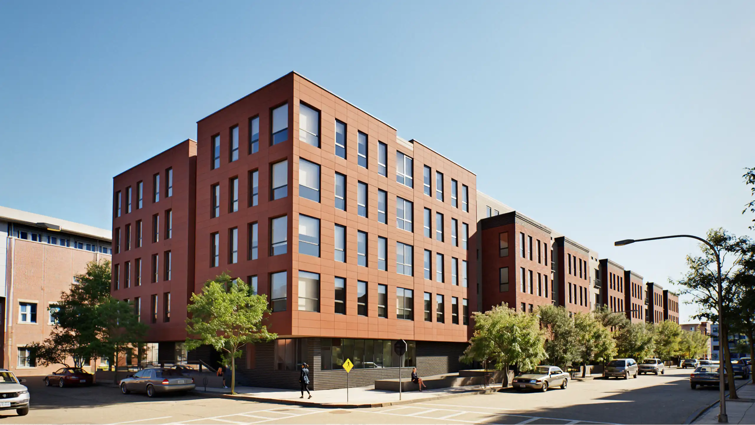 Corner view of a red-brick residential building with large windows and street trees.