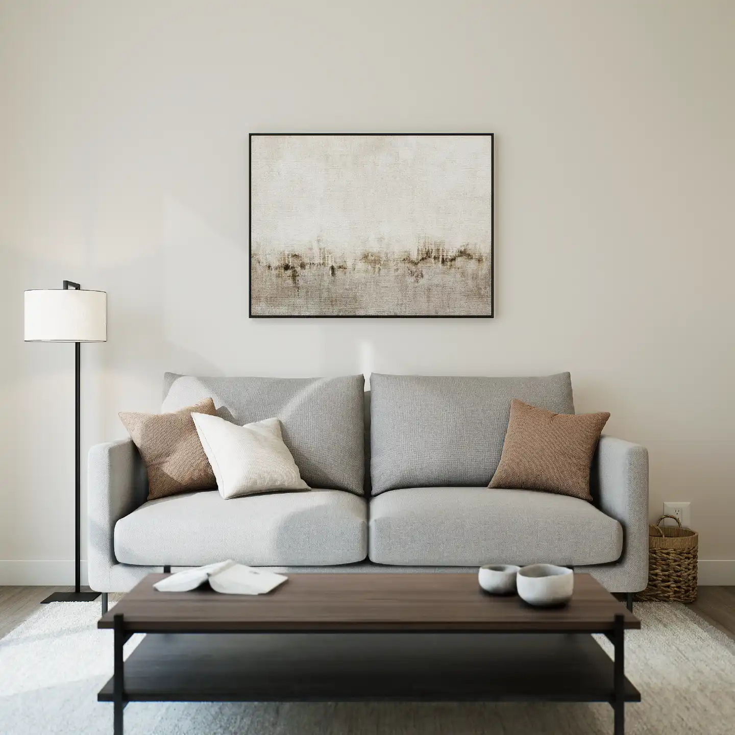 Minimal living room with gray sofa, wooden coffee table and neutral decor.