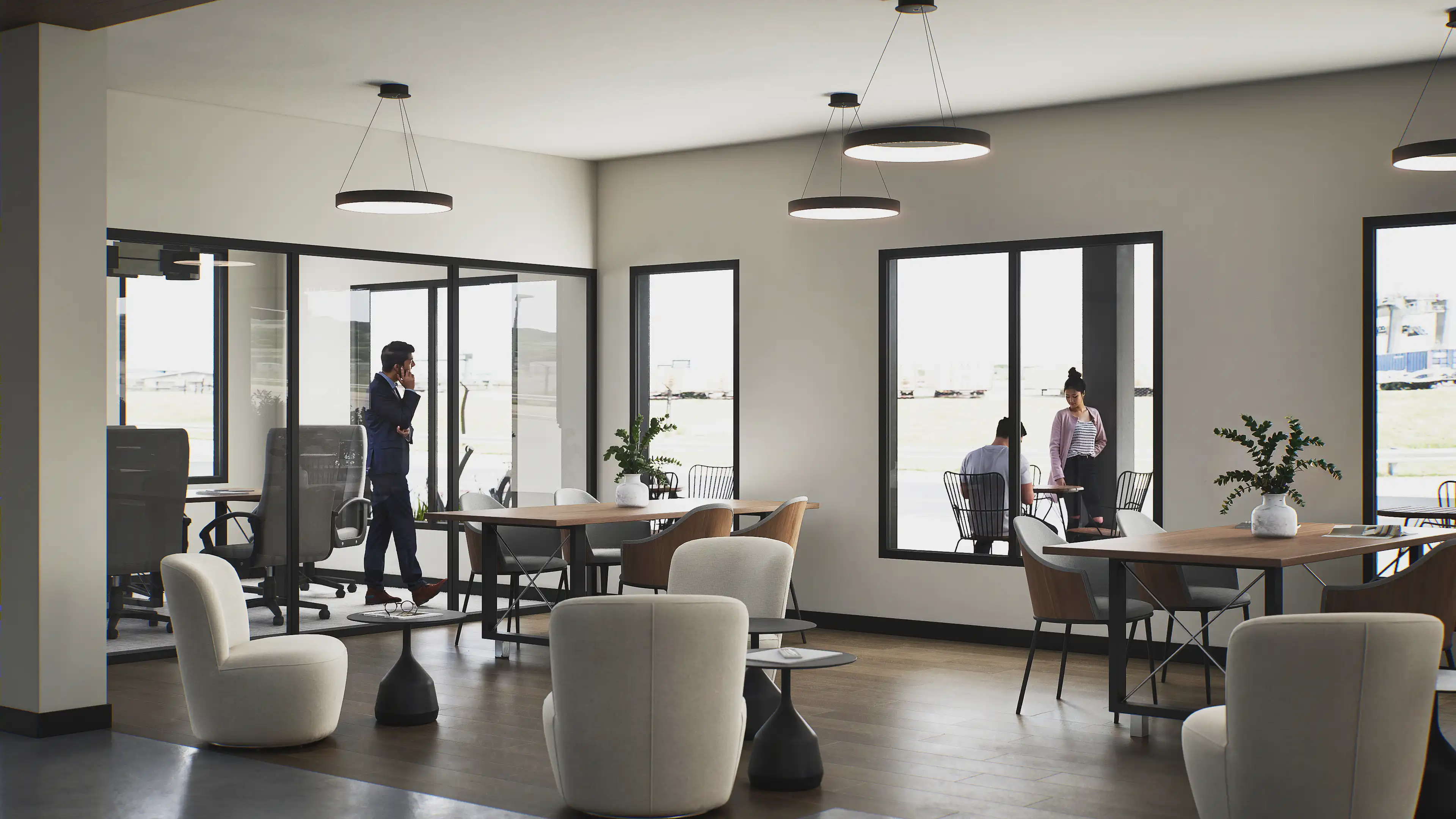 Coworking space with leisure area, foosball and natural light.