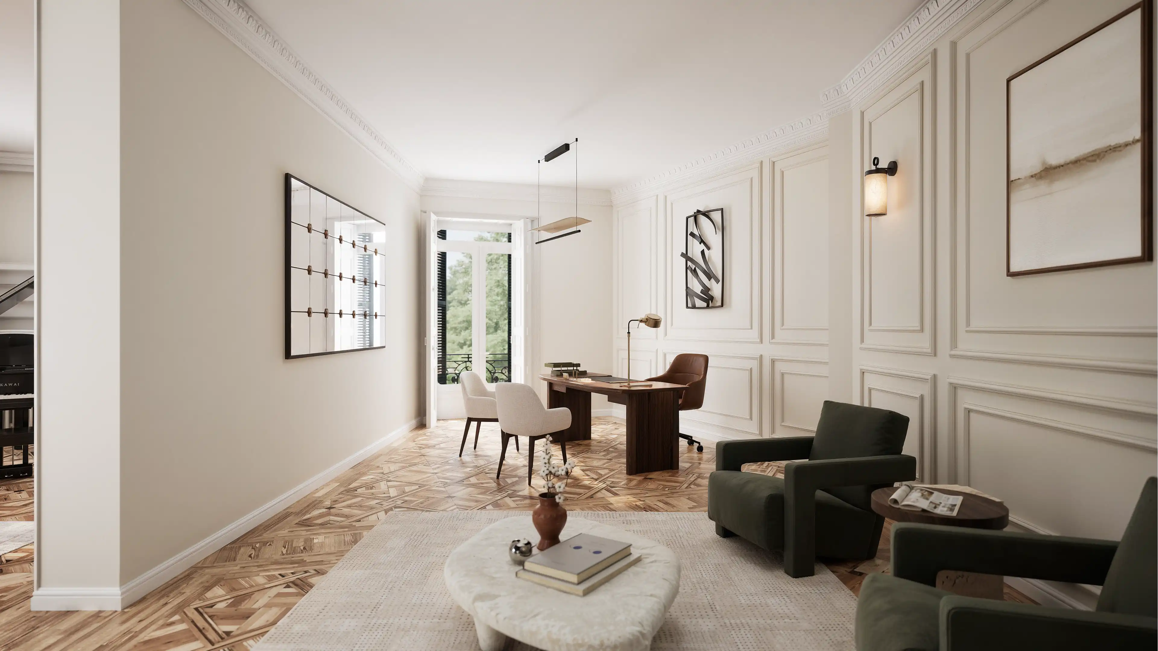 Home office with panelled walls and modern desk setup.