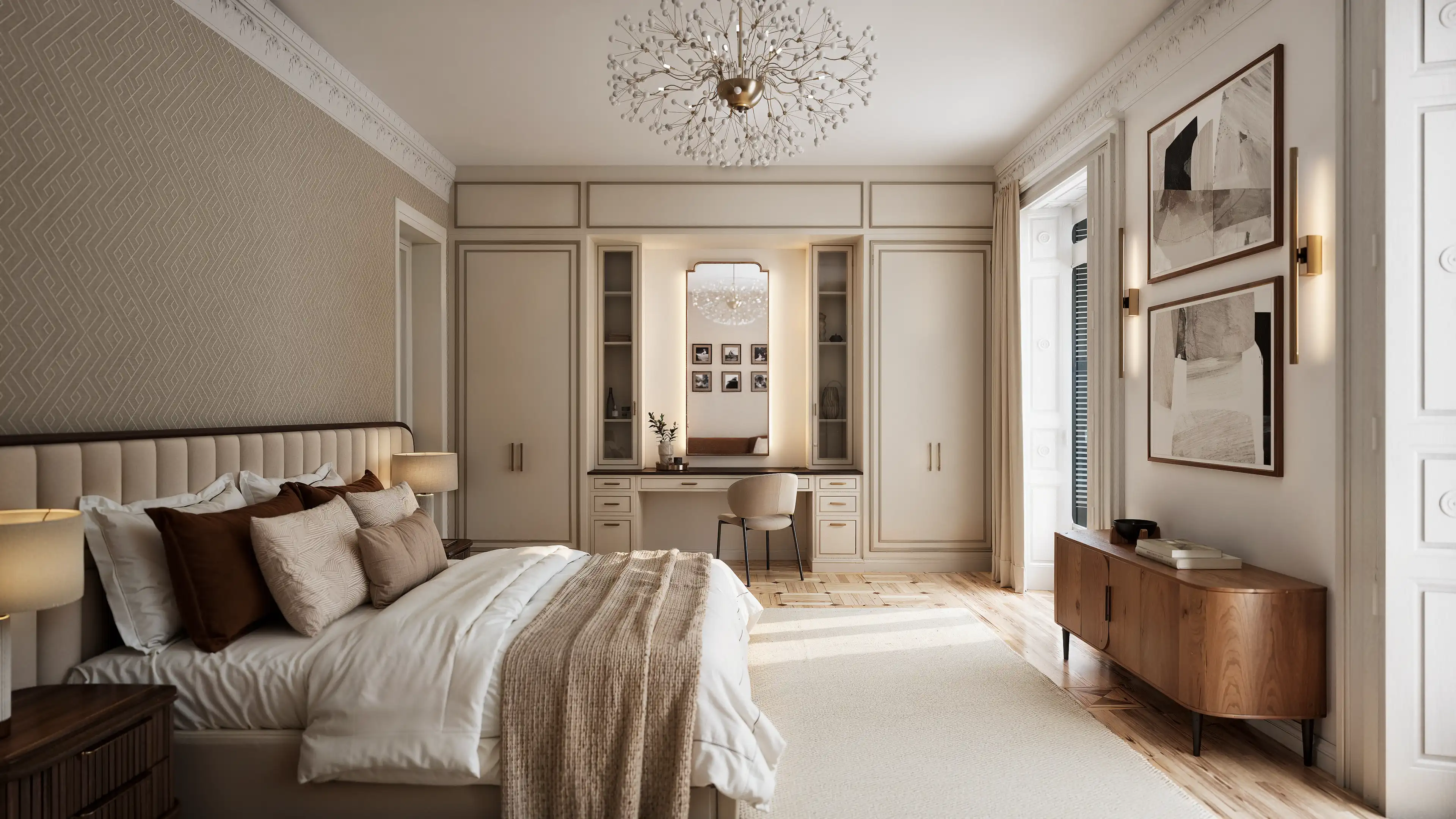 Master bedroom with upholstered bed and built-in vanity.