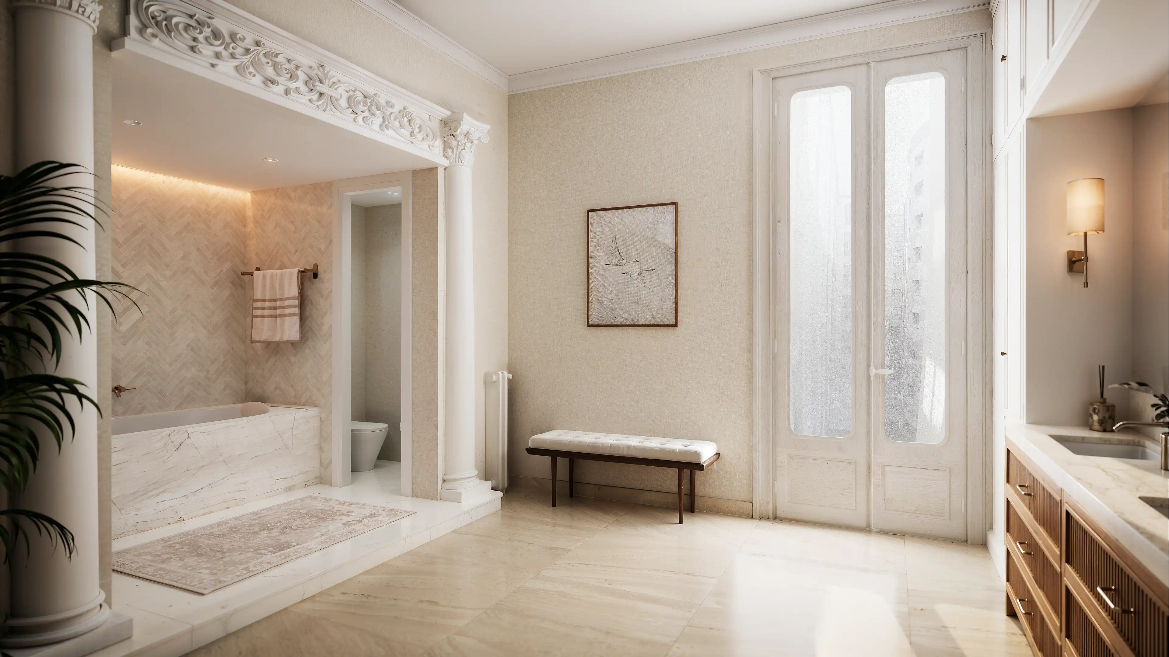 Bathroom featuring a marble bathtub framed by classic columns