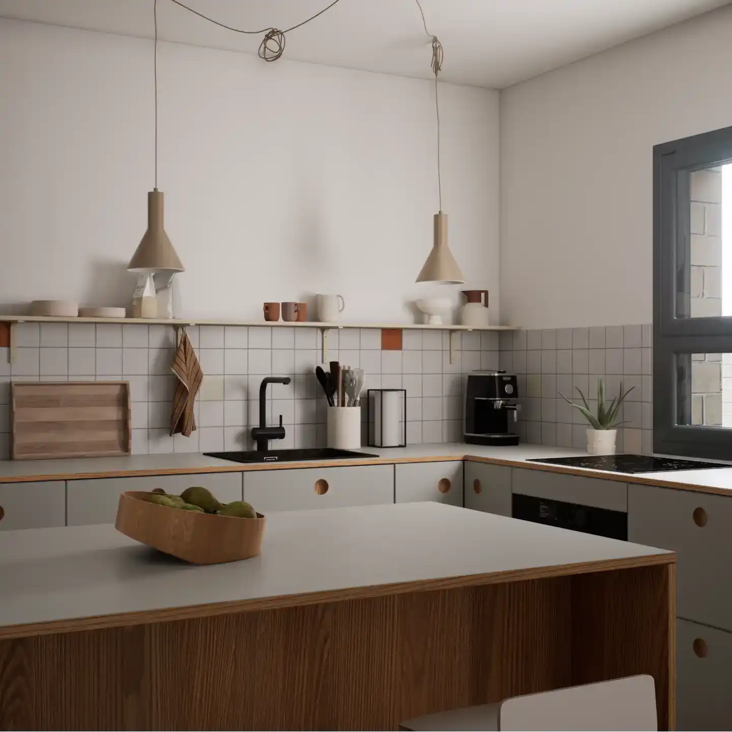 Scandinavian kitchen with central island and light wood finishes.