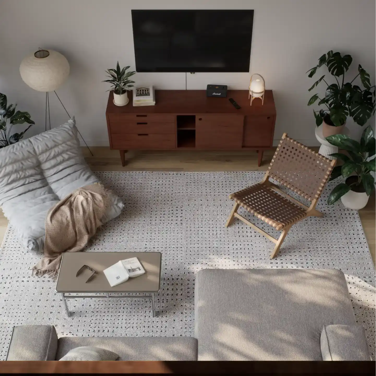 Living room TV area with wooden console and indoor plants.