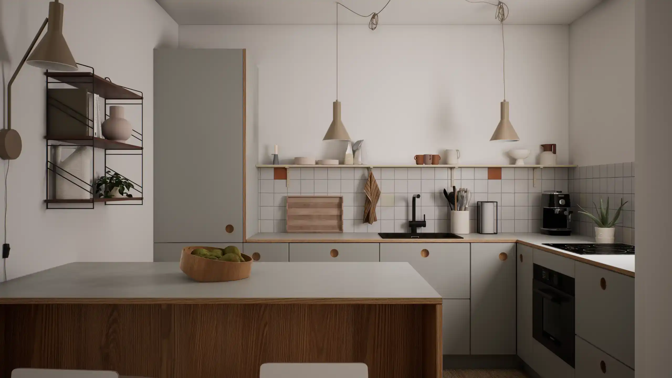 Minimalist kitchen front view with neutral cabinetry and wooden island.
