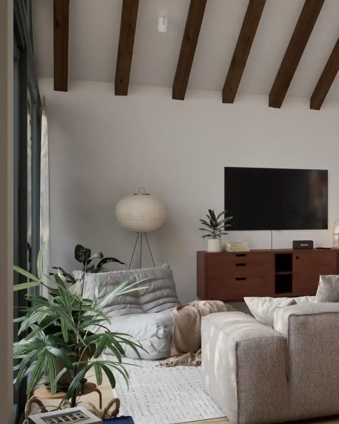 Top view of living room with sofa layout and coffee table.