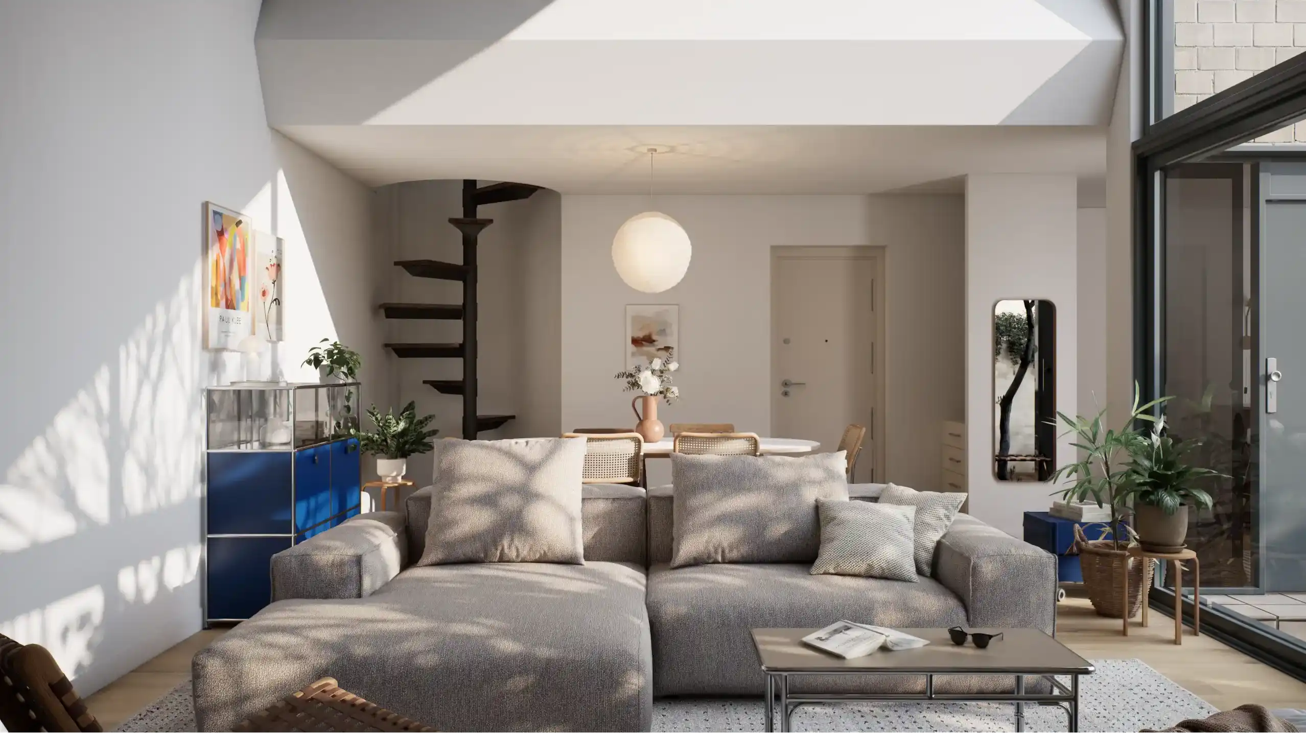 Main living room with modular sofa and connected dining area.