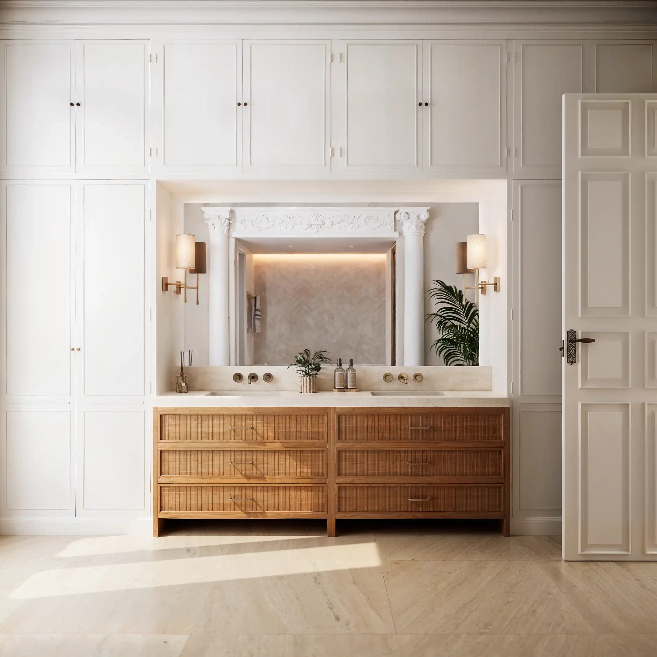 Bathroom vanity with wooden cabinets and a large mirror.