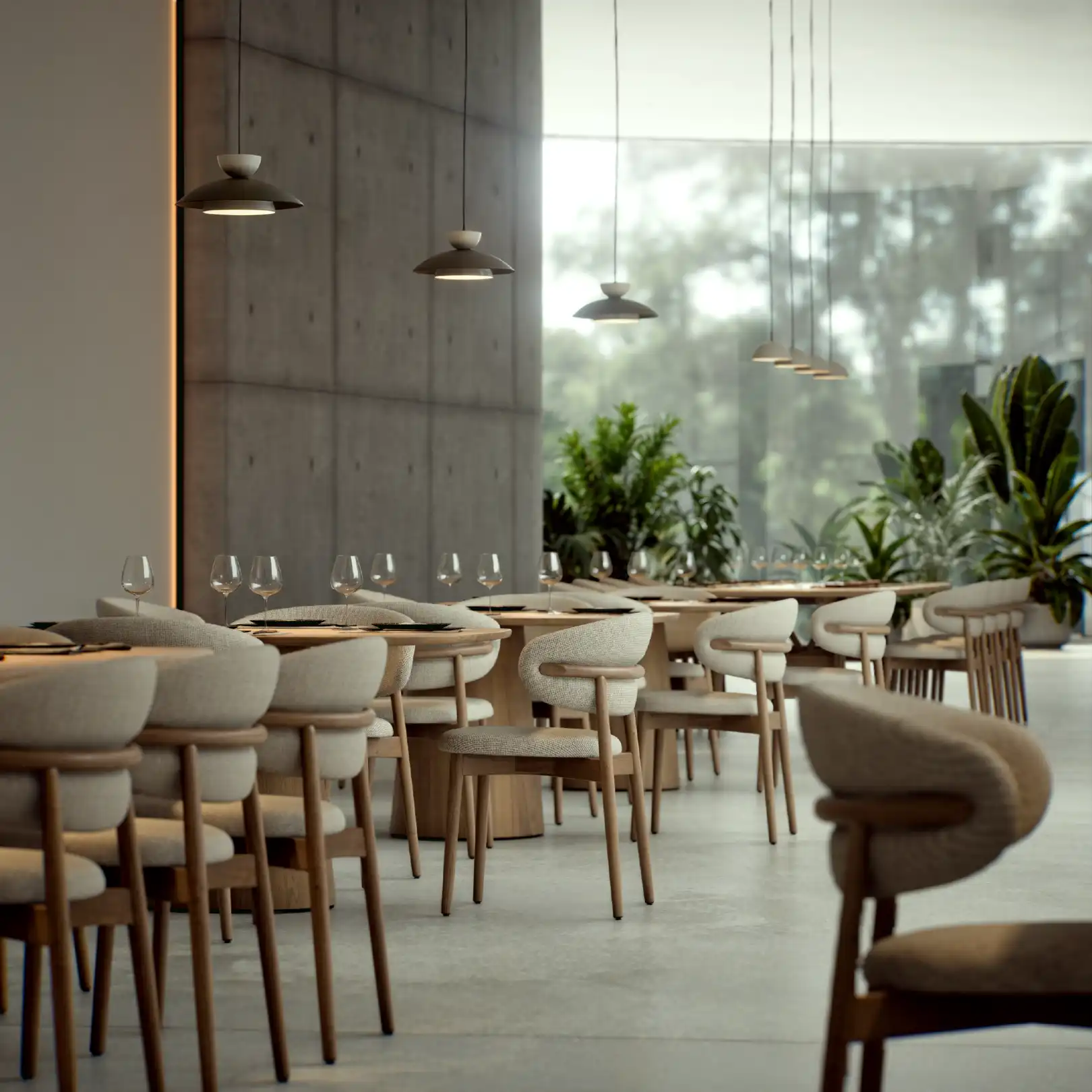 Dining corner with glass walls and natural greenery views.