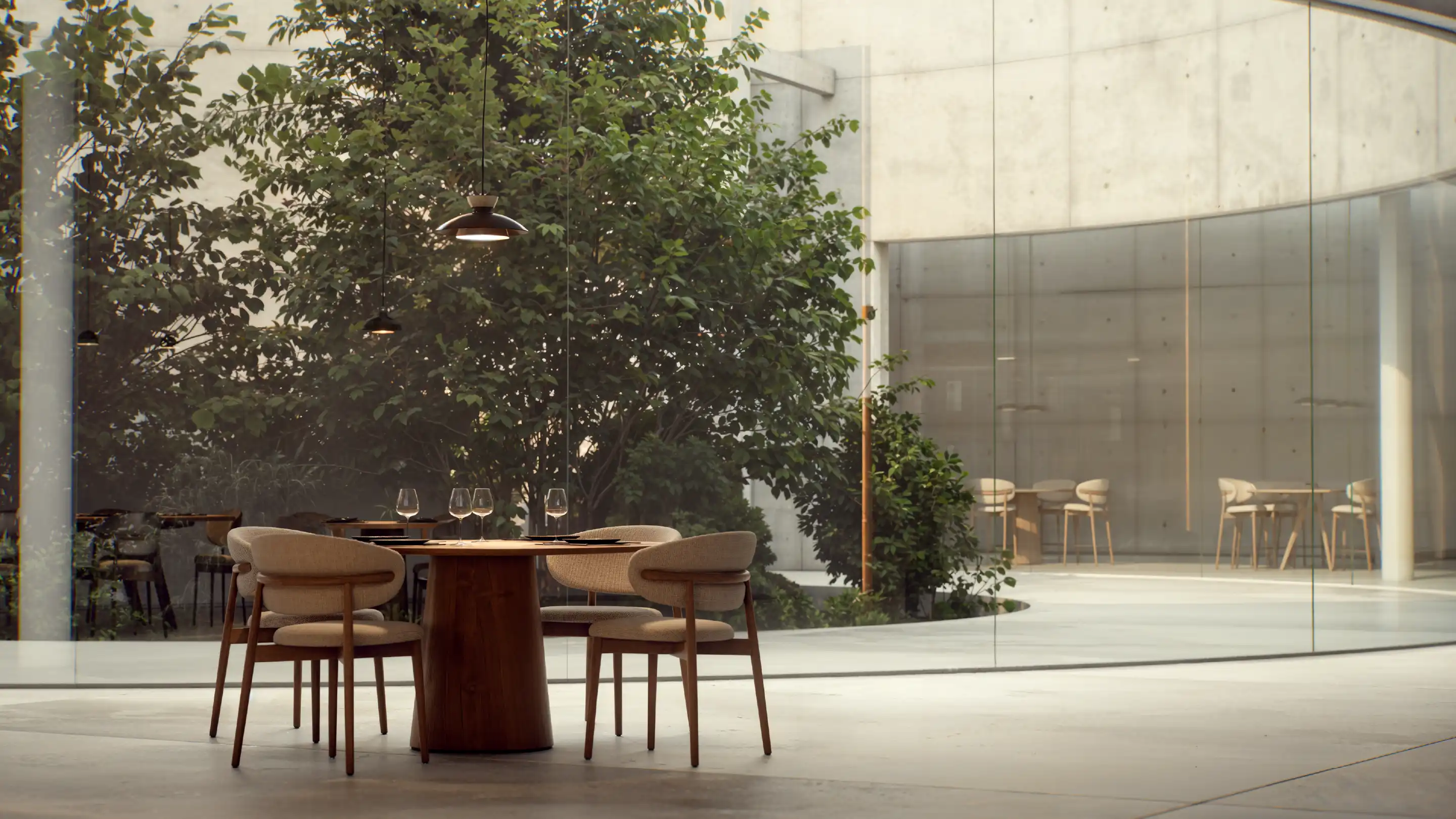 Dining hall featuring concrete walls, shelving system and warm lighting.