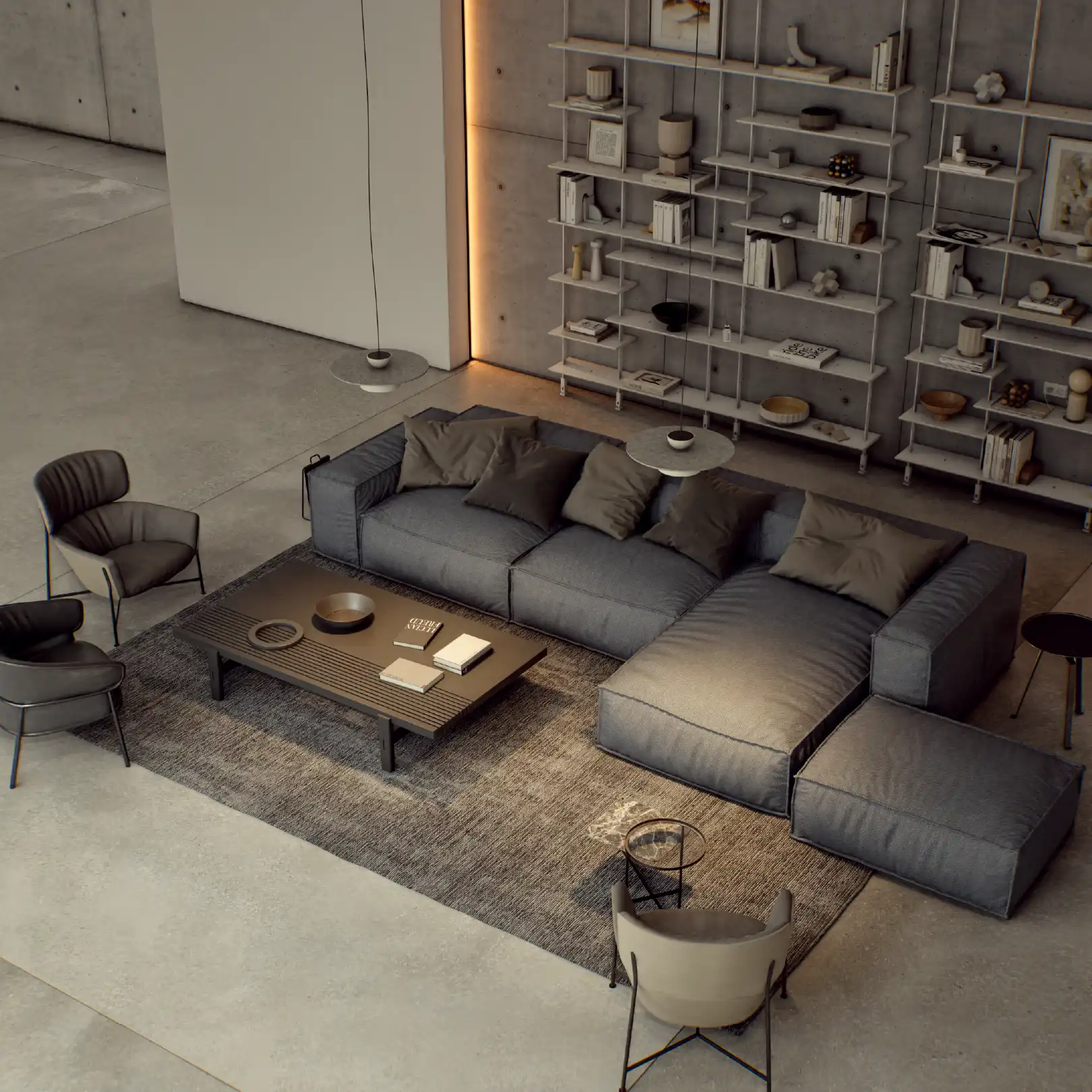 Dining area with pendant ceiling lights and wooden tables.
