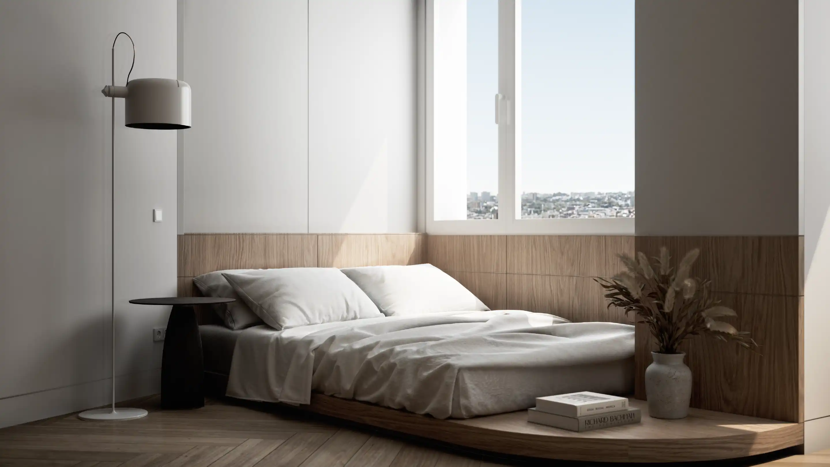 Minimal bedroom with platform bed, wood paneling and daylight.