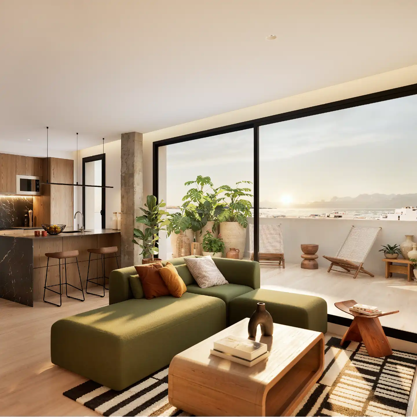 Living room TV wall with terrace views and modern furniture.