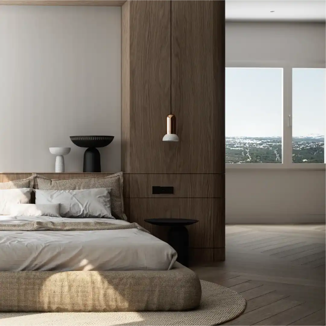 Master bedroom front view with upholstered bed and warm lighting.