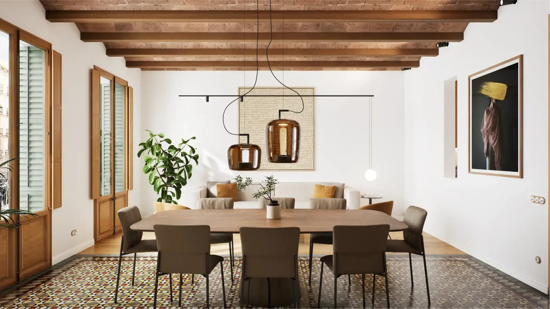 Open-plan living and dining area with exposed wooden beams and natural light in a residential apartment in Barcelona.
