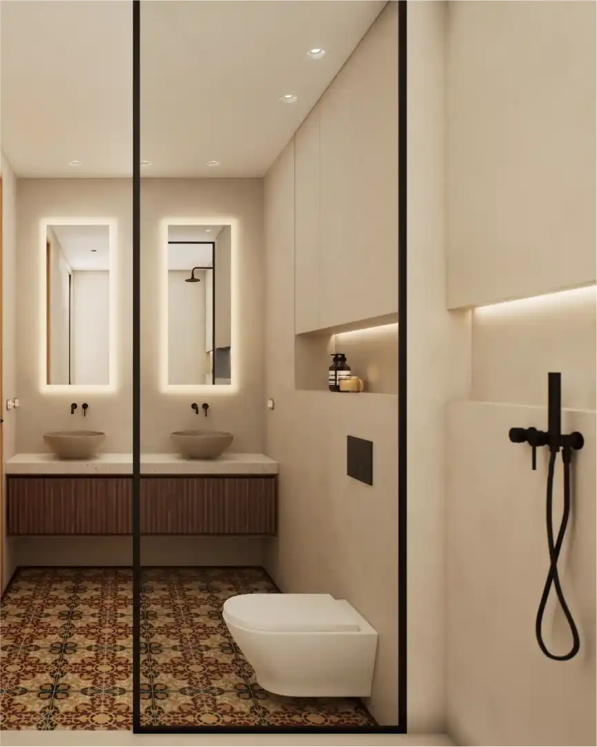 Contemporary bathroom design with walk-in shower, custom vanity and patterned hydraulic tiles in a Barcelona residence.