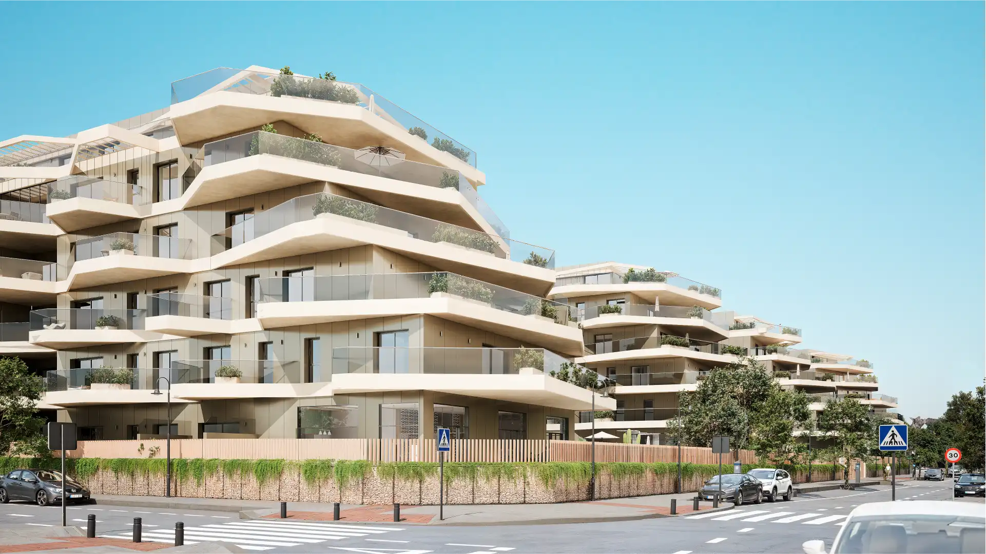 Residential resort exterior on the Costa del Sol with layered balconies and Mediterranean architectural design