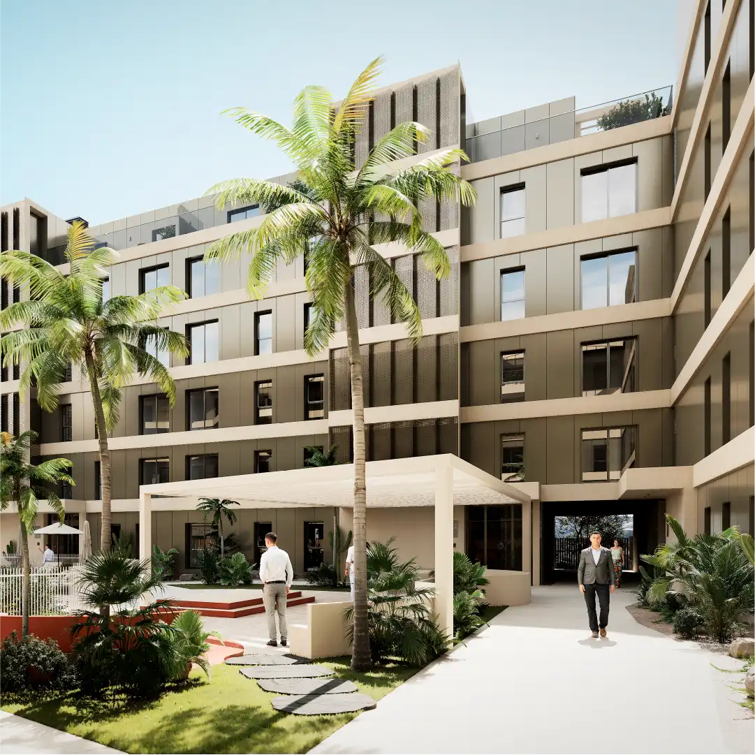 Residential building courtyard with landscaped areas and modern architectural design