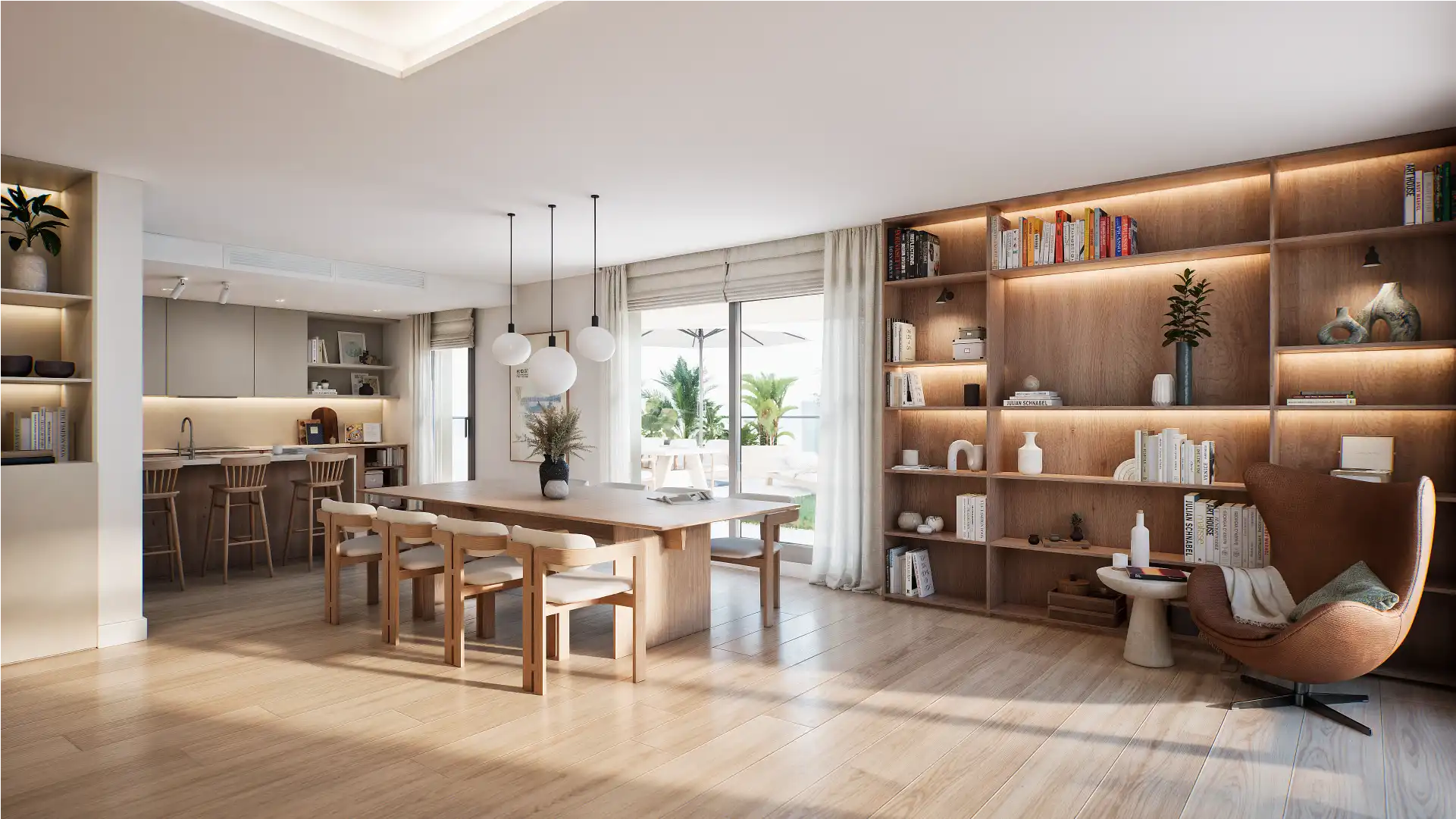 Open-plan living and dining room with natural light, wooden furniture and contemporary interior design visualization