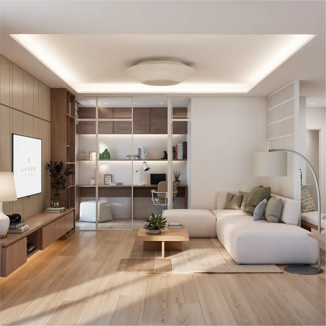 Modern living room interior with neutral tones, custom furniture and soft indirect lighting