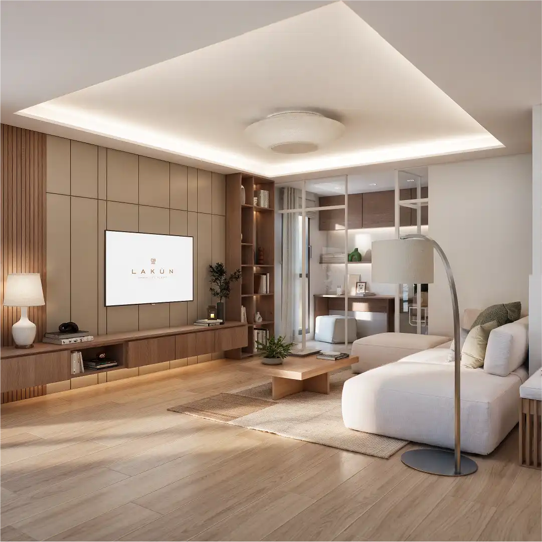 Contemporary living room with wooden TV wall, built-in storage and warm ambient lighting
