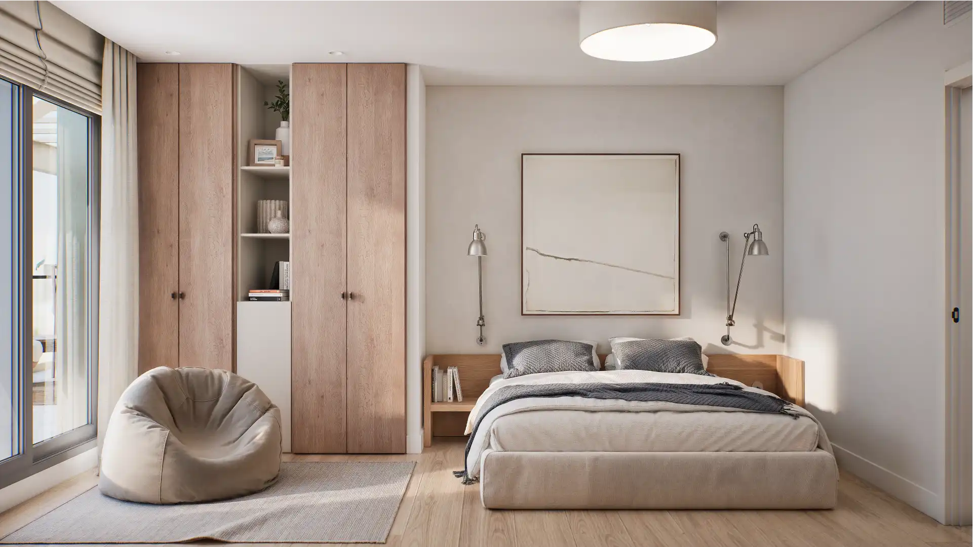 Minimalist bedroom with soft textures, neutral palette and indirect ceiling lighting