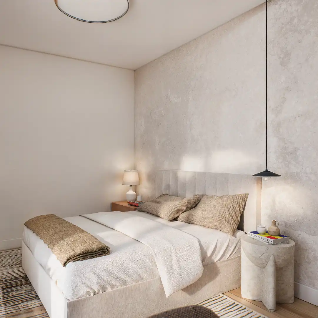 Minimalist bedroom with soft textures, neutral palette and indirect ceiling lighting