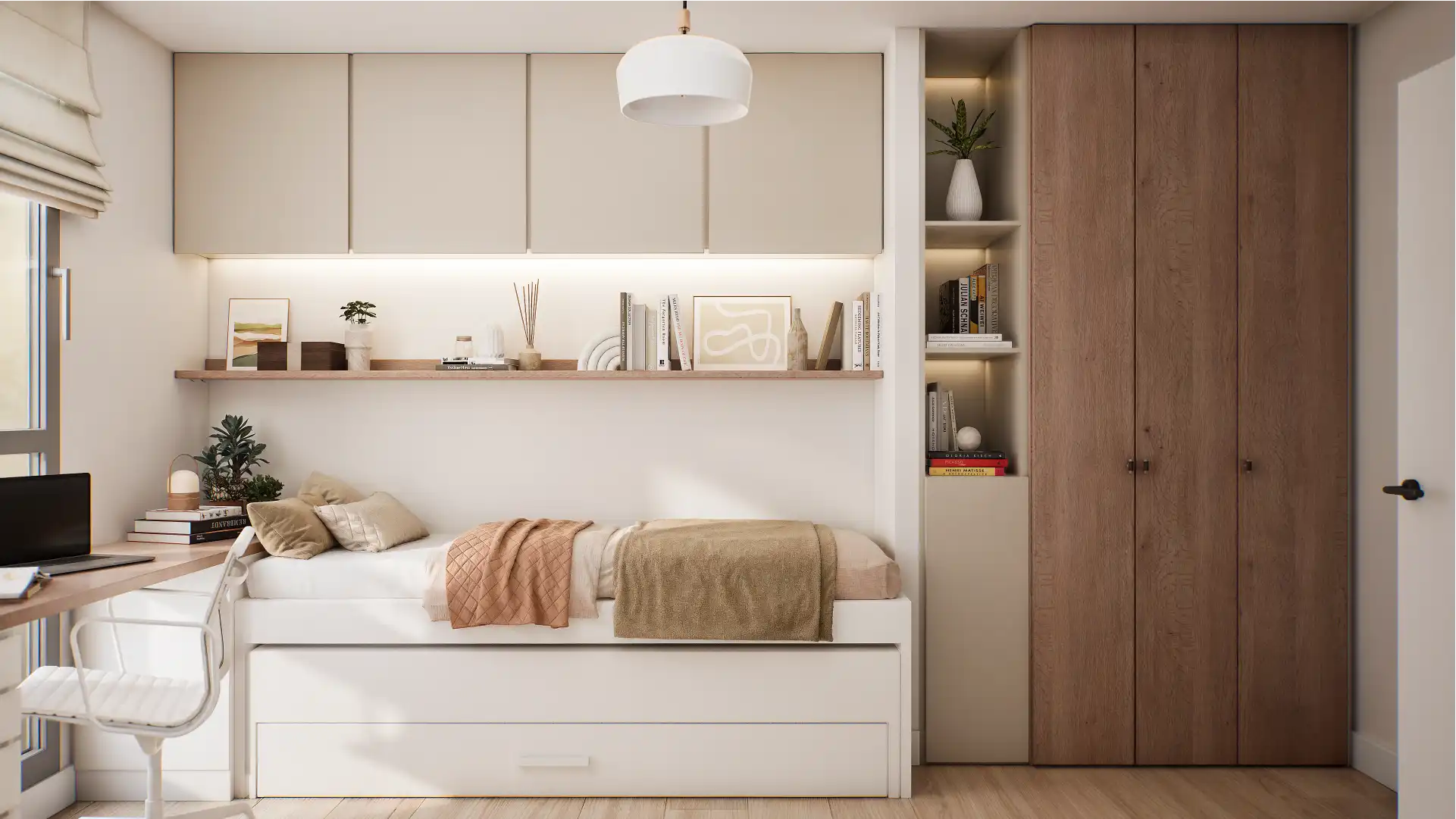 Compact bedroom with integrated desk, custom storage and contemporary interior styling