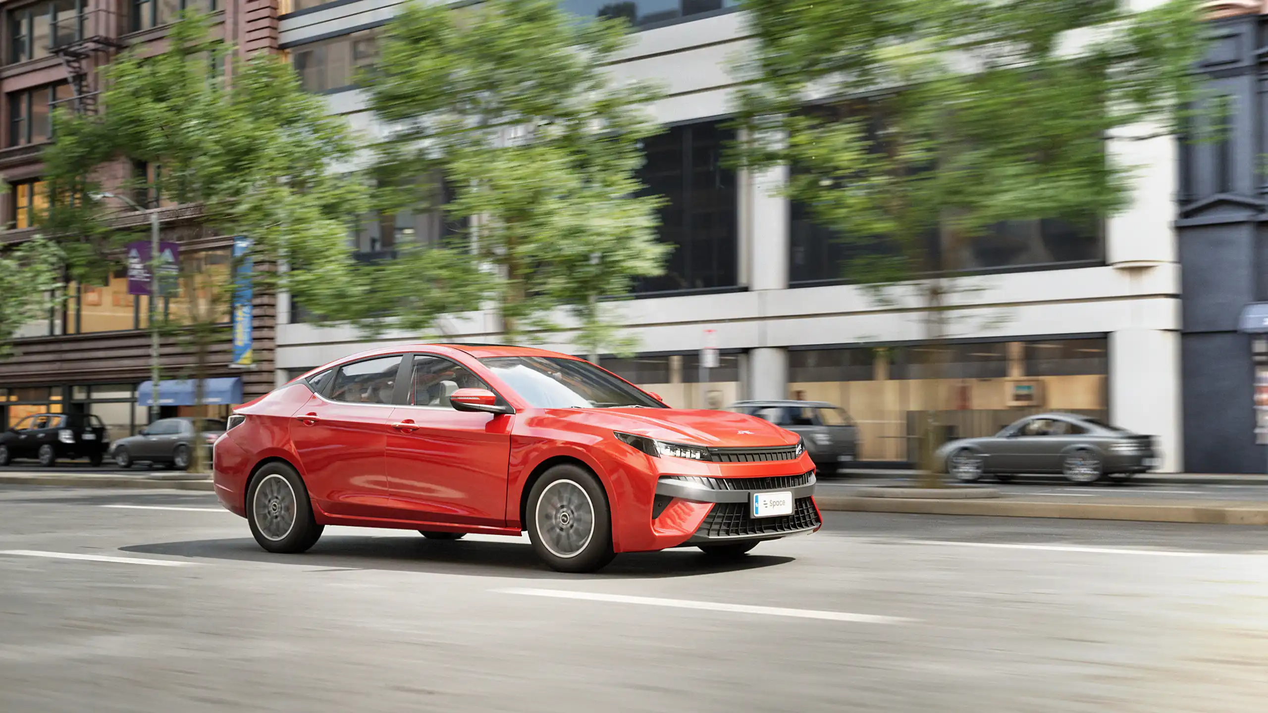 pace-project-3d-exterior-visualization-of-red-jac-j7-sedan-driving-through-modern-urban-environment