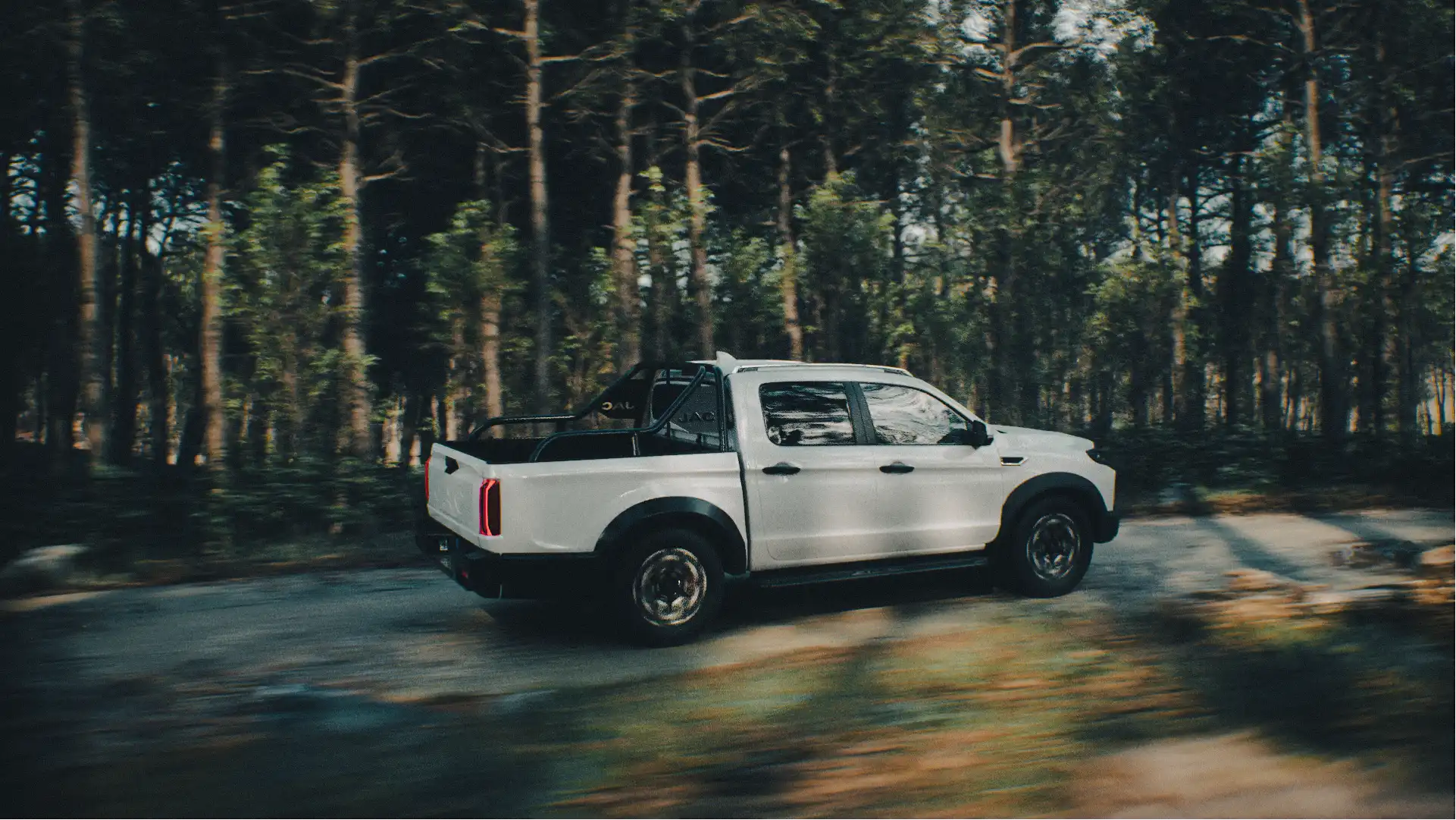 space-project-dramatic-3d-visualization-of-jac-pickup-truck-driving-on-rainy-mountain-road-with-weather-effects