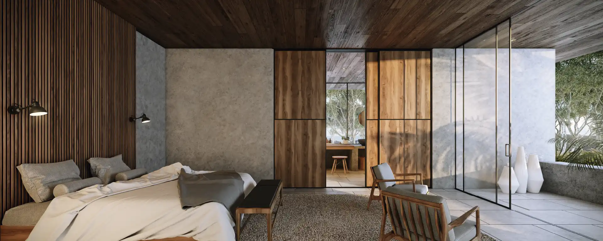 Interior architectural visualization of a modern bedroom with natural materials, sliding partitions, and strong indoor-outdoor connection