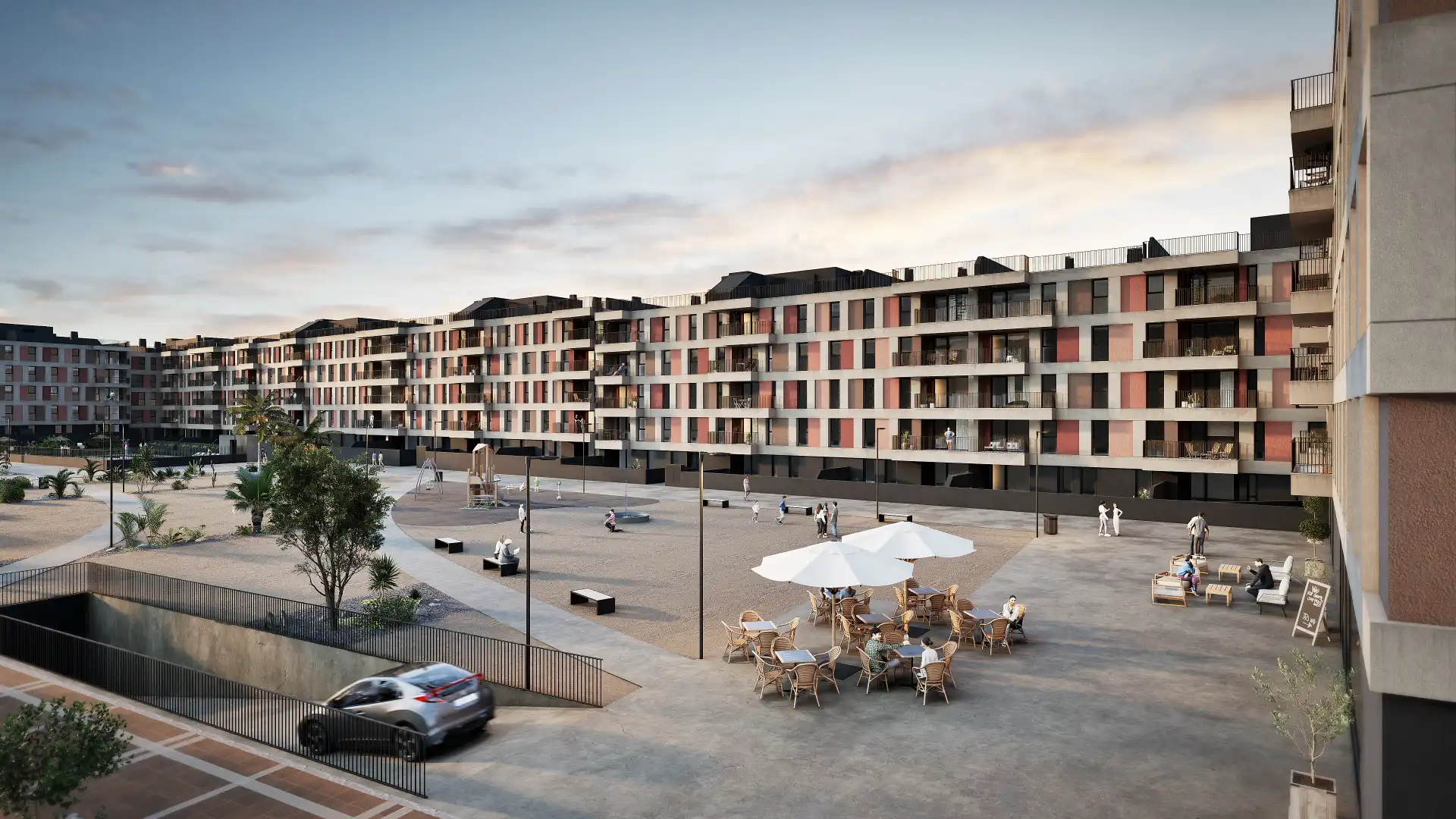 Exterior architectural visualization of a large residential complex with public plaza, outdoor seating areas, and integrated urban landscape design