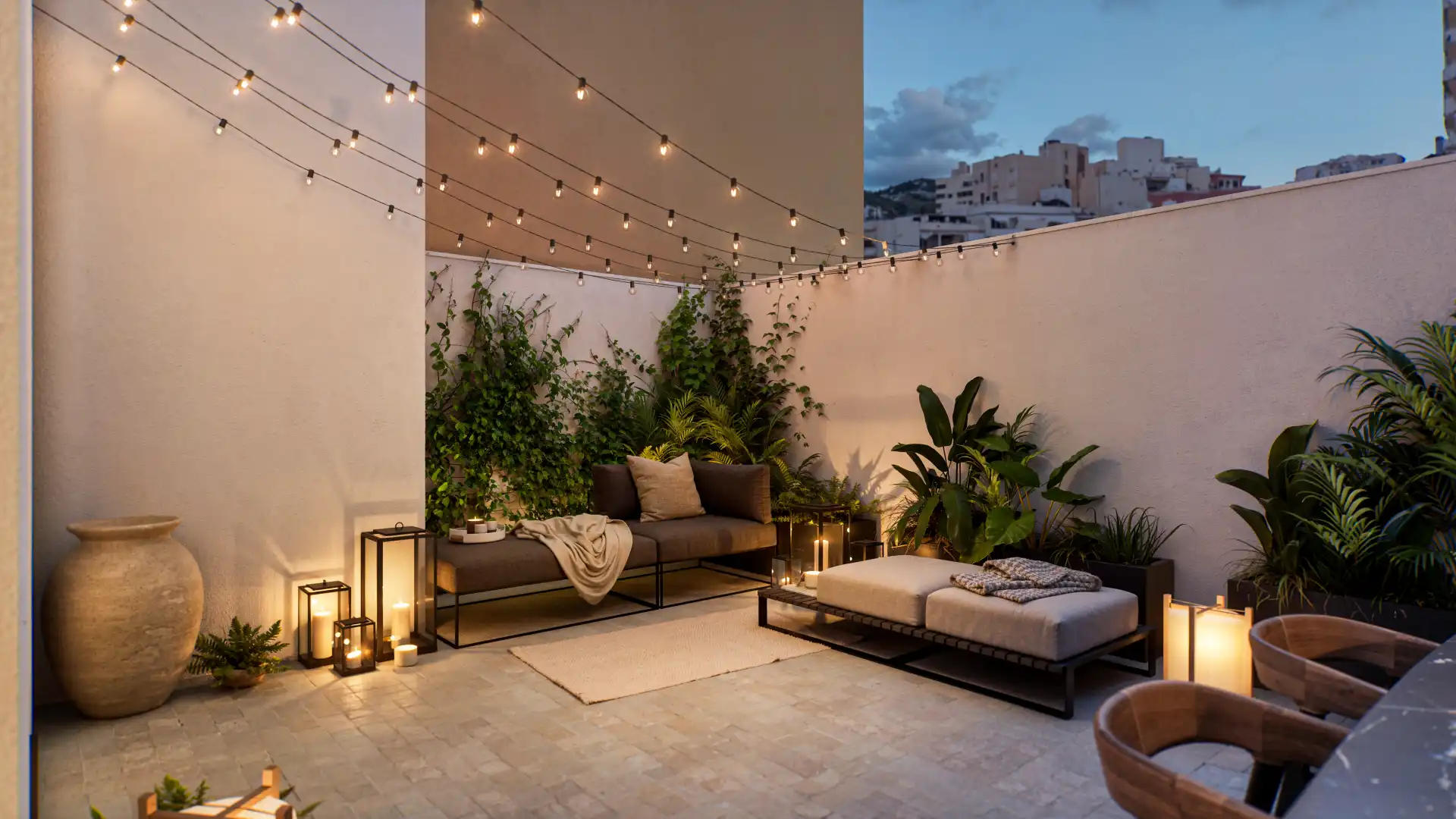 Architectural visualization of a modern outdoor patio with ambient lighting, greenery, and contemporary furniture designed for a residential terrace