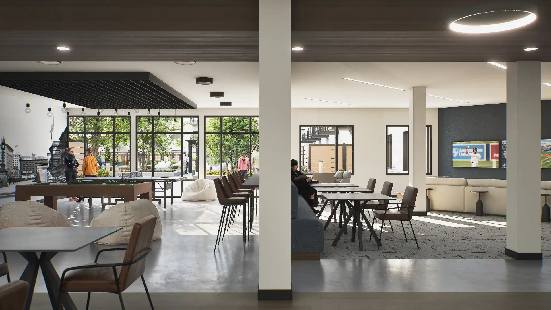Photorealistic virtual experience of a coworking interior, showing shared workspaces, lounge areas and natural circulation, designed for architectural visualization and real-time exploration.