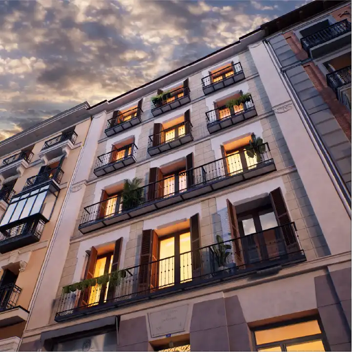 Architectural visualization detail of balconies and facade design in a renovated Mallorca residential building