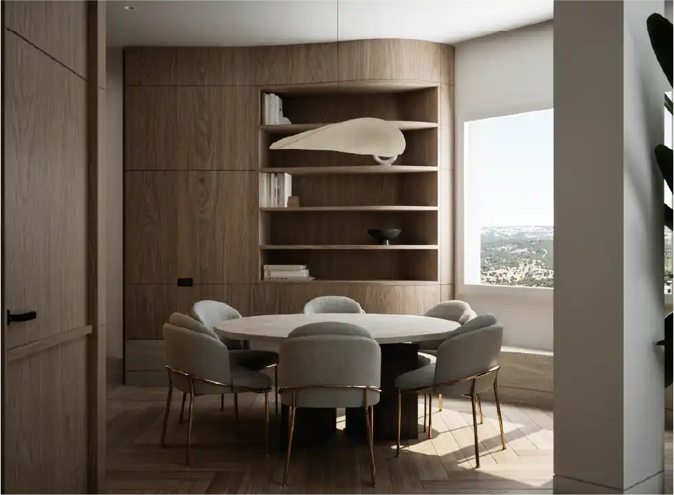 Open living room with seating area, indoor plants and natural light.