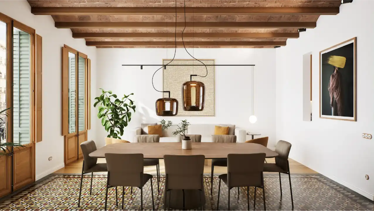 Architectural visualization of a contemporary dining area in a renovated Barcelona apartment with Catalan vaulted ceiling and wooden beams