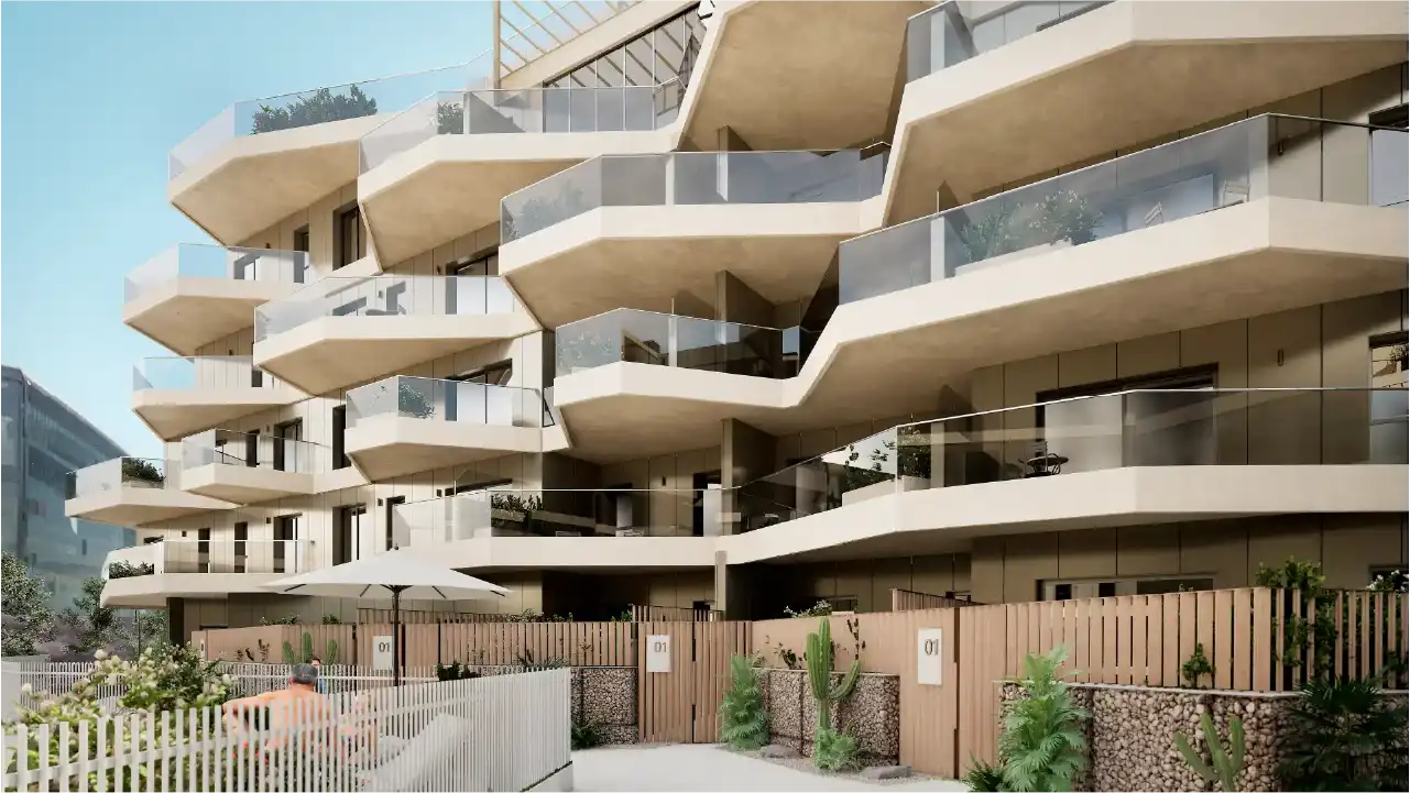 Architectural visualization of a modern residential complex with stepped balconies and landscaped courtyard in Lakun development
