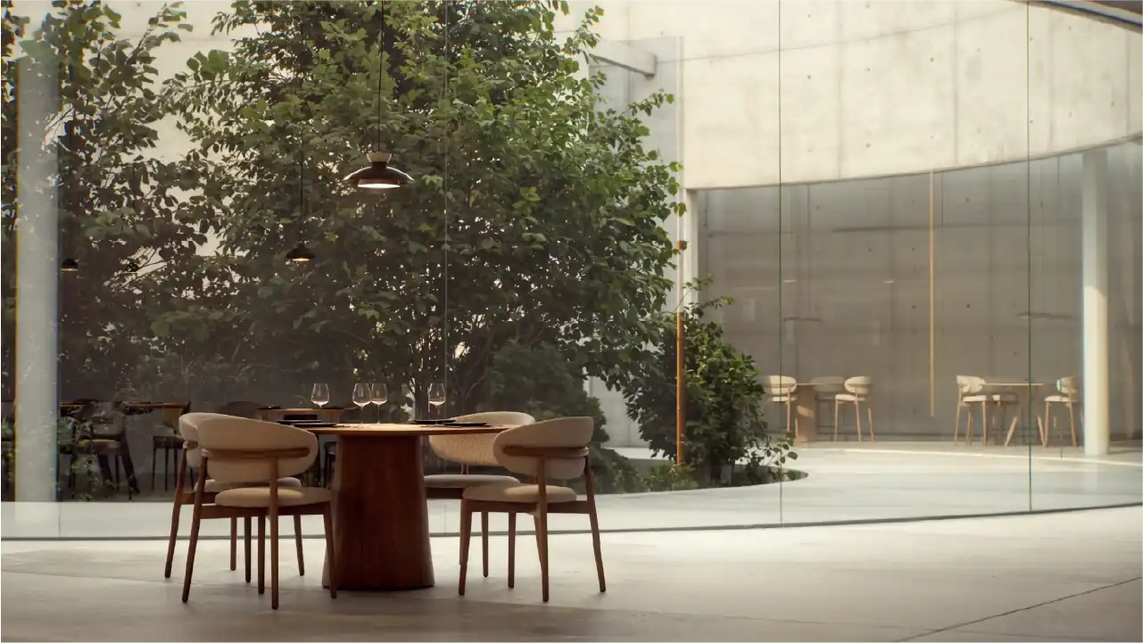 Dining hall featuring concrete walls, shelving system and warm lighting.