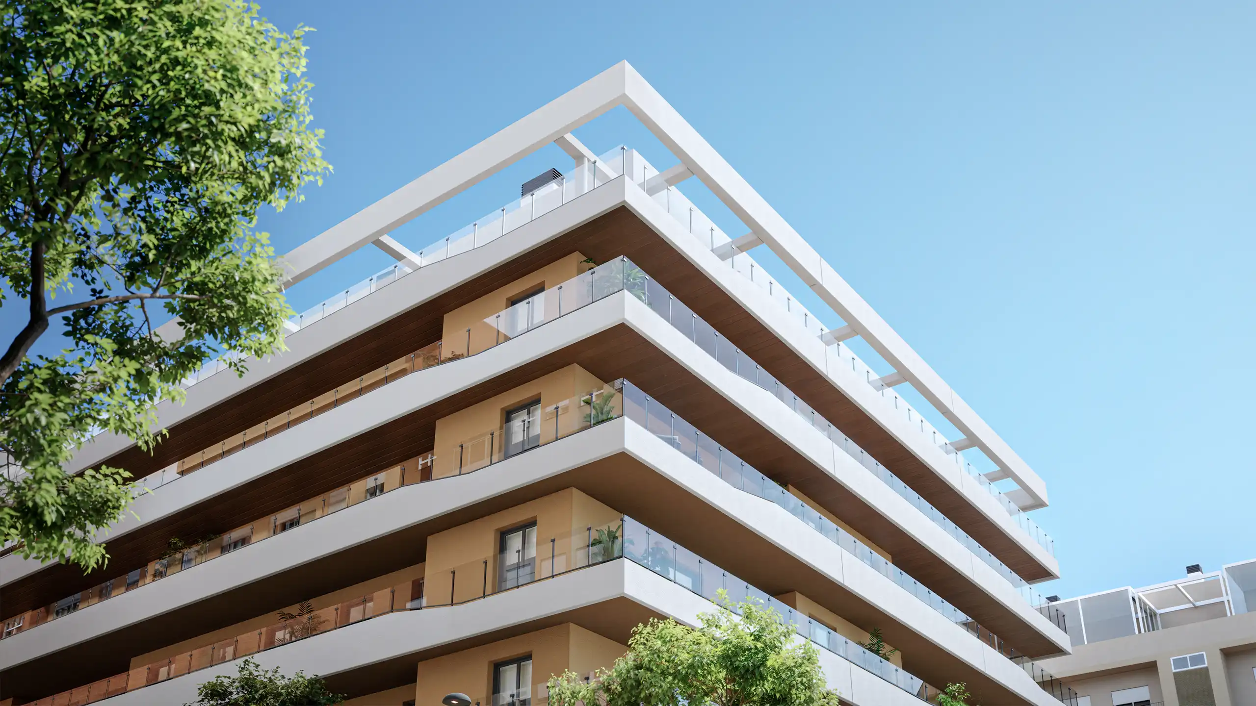 Architectural visualization of contemporary residential building facade with balconies and glass railings in Paterna development