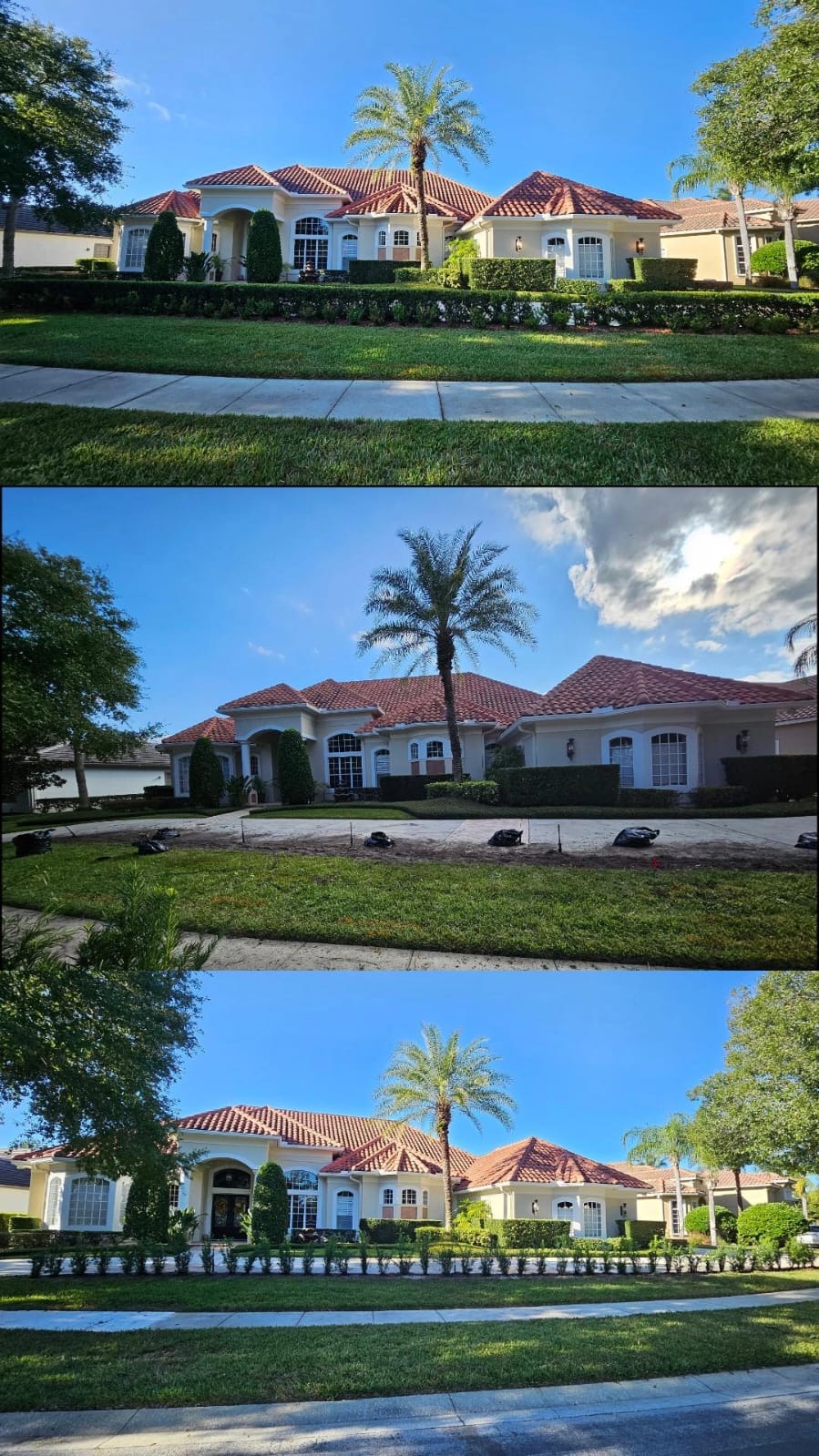 Three images vertically stacked showing a single-story house with beige walls, red tiled roof, manicured landscaping, and a prominent palm tree in front under a clear blue sky.
