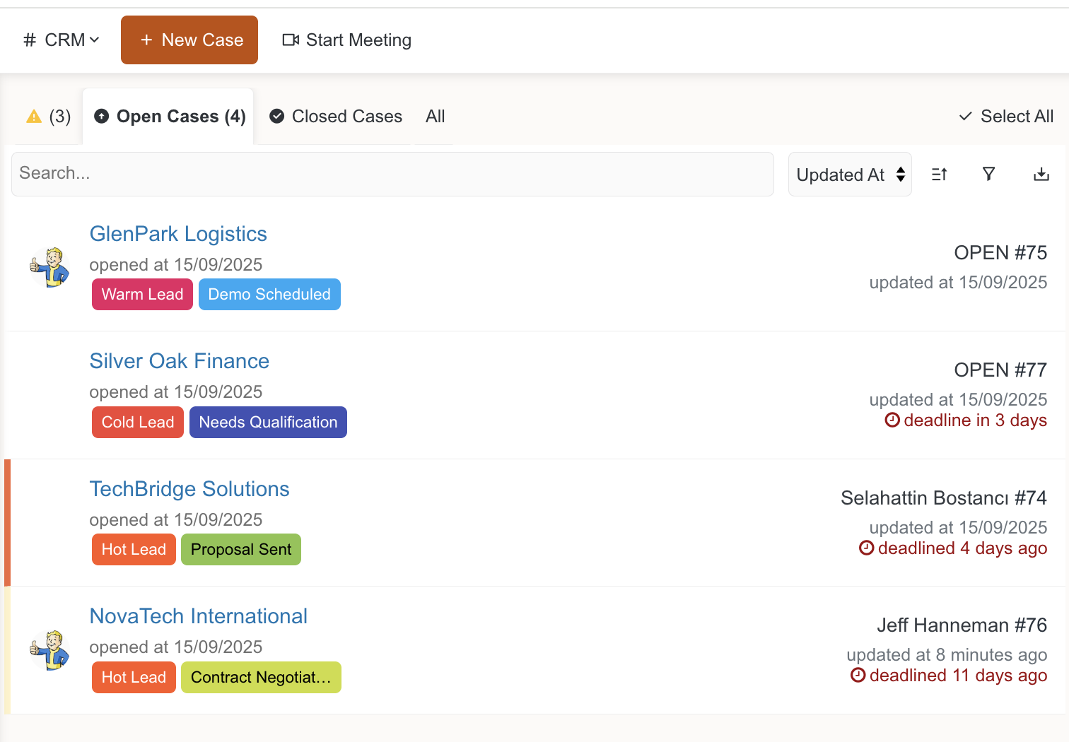 Emakin Case Management interface with a list of four open cases showing company names, lead status tags, opening dates, deadlines, and assigned persons.