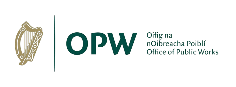 Logo of the Office of Public Works featuring a stylized Irish harp and the text 'OPW Office of Public Works' alongside the Irish language text.