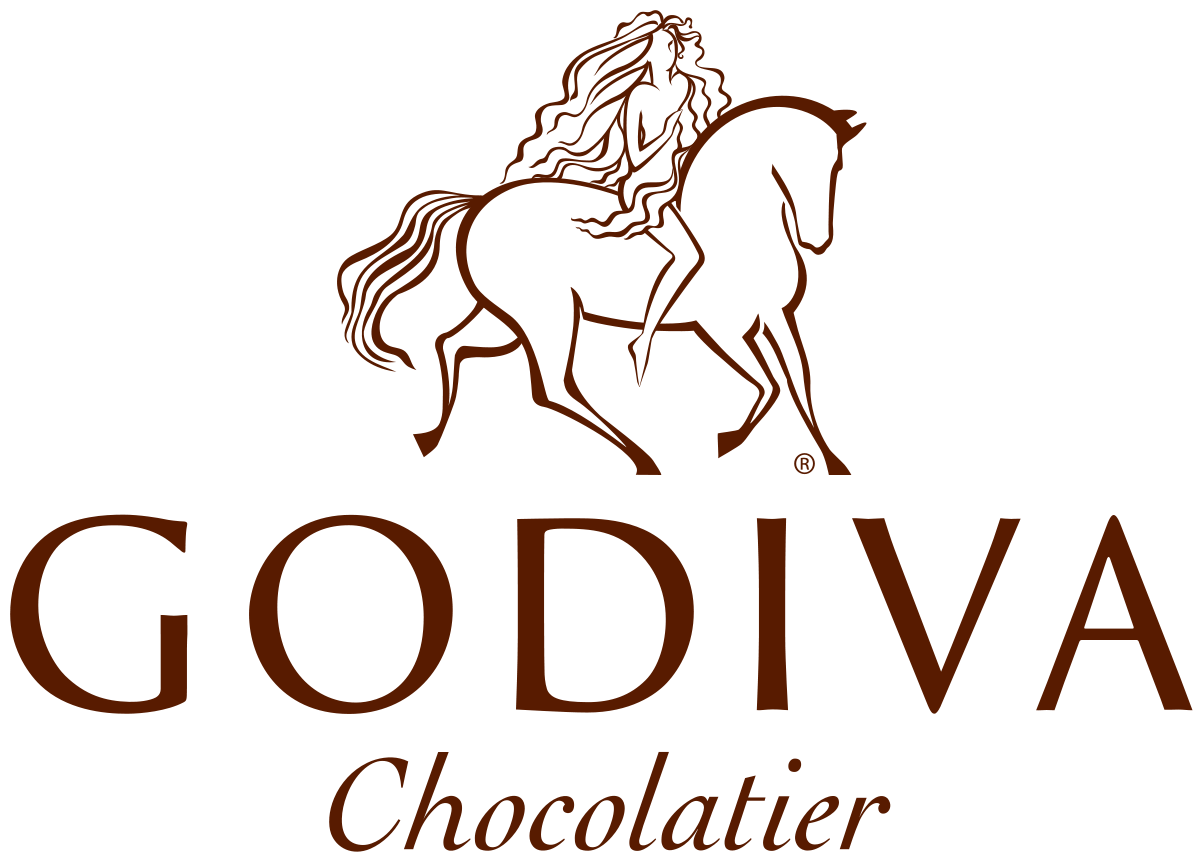 Godiva Chocolatier logo featuring a silhouette of a woman with flowing hair riding a horse above the word 'GODIVA' and 'Chocolatier' in script below.