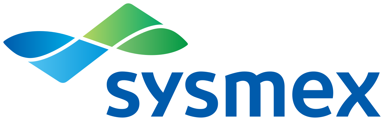 Sysmex company logo with green and blue abstract shapes above the blue text.