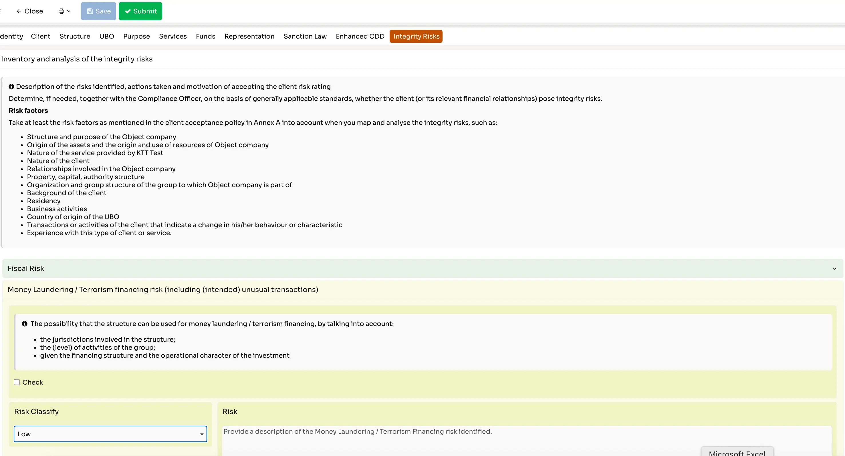 Web form interface showing Integrity Risks tab with sections on risk factors, money laundering and terrorism financing risk classification, including checkboxes and dropdown for risk level.
