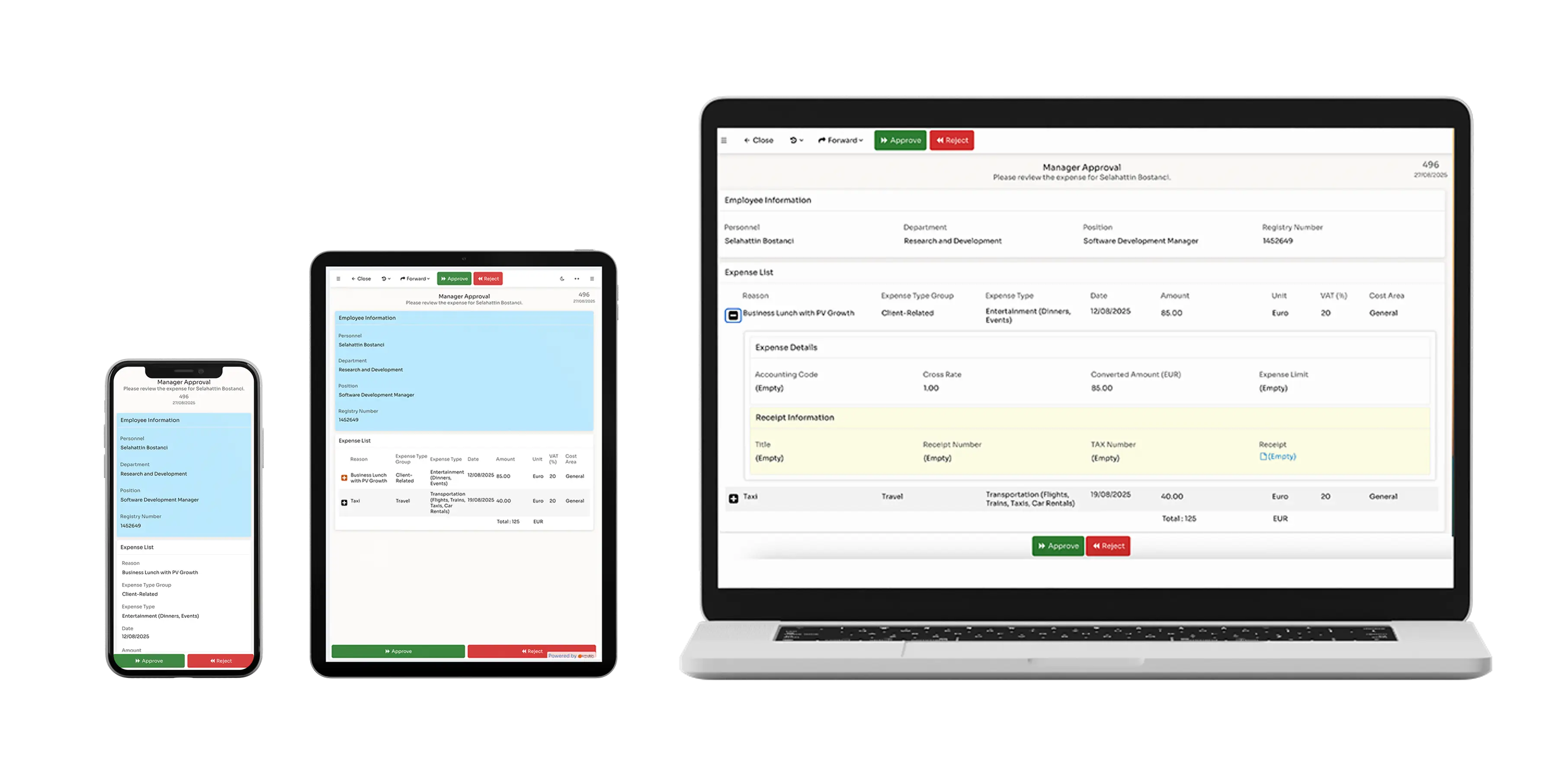 Mobile phone, tablet, and laptop displaying a manager approval interface for employee expense review with approve and reject buttons.