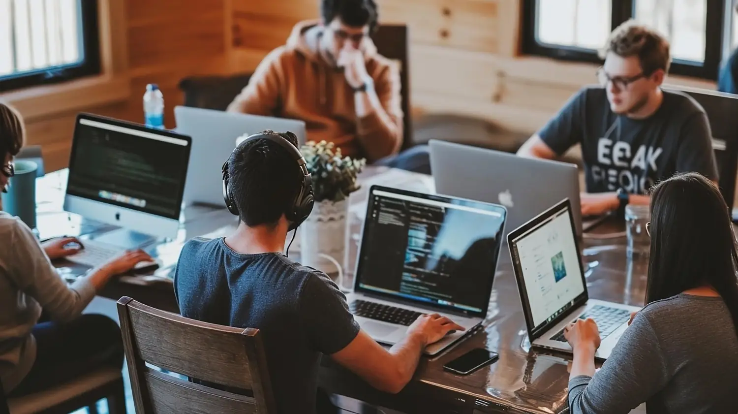 Five people working on laptops around a wooden table in a cozy room with natural light.