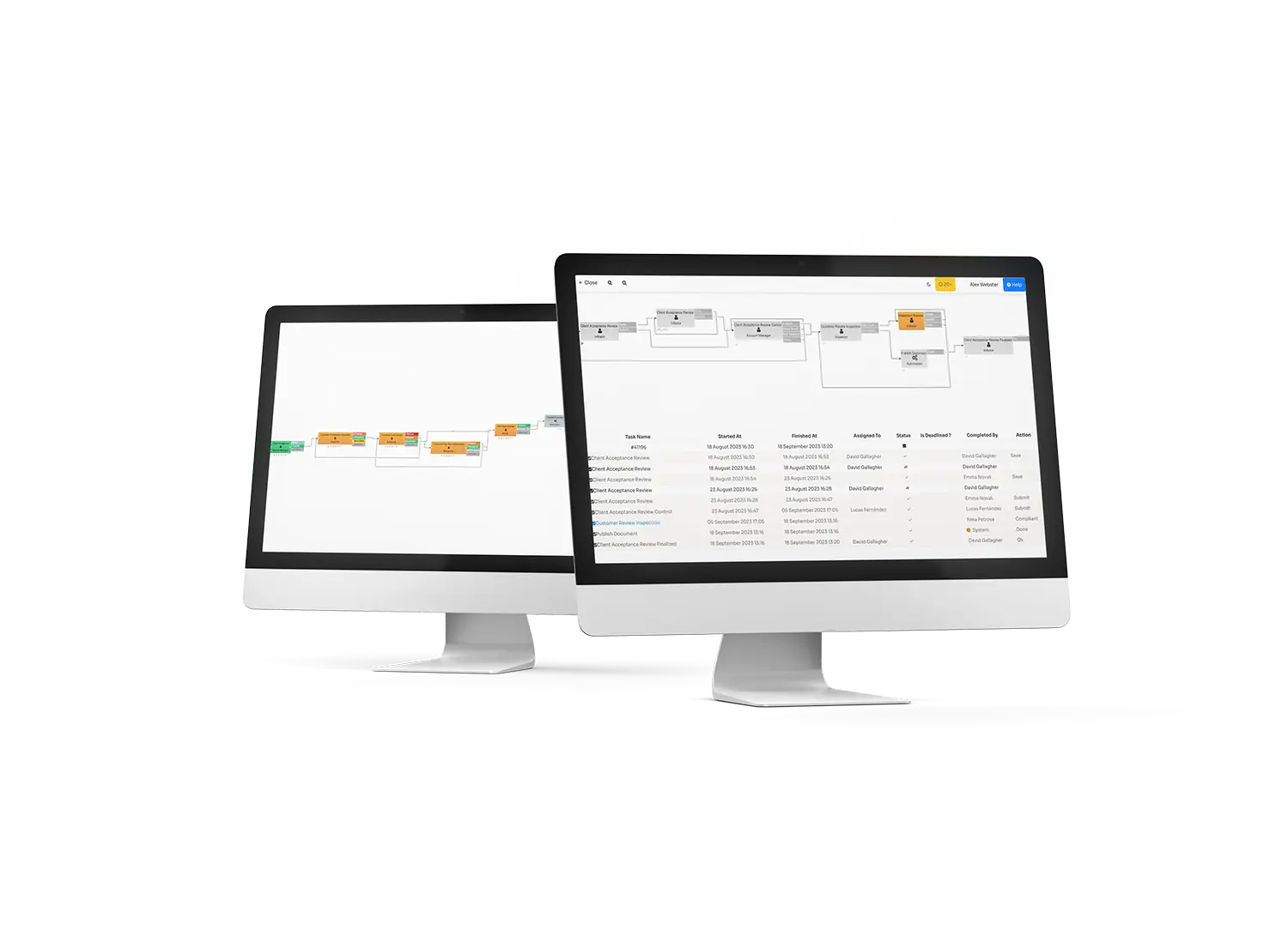 Two desktop monitors displaying a process design software interface with a workflow diagram and task details.